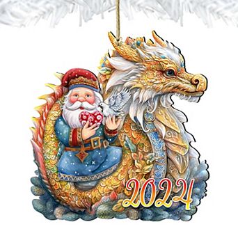 Santa with Dragon Wooden Christmas Ornaments by G. Debrekht - Christmas Decor