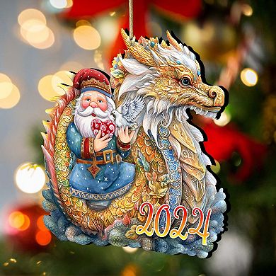 Santa with Dragon Wooden Christmas Ornaments by G. Debrekht - Christmas Decor