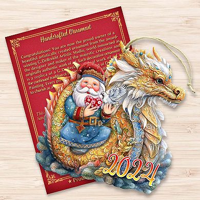 Santa with Dragon Wooden Christmas Ornaments by G. Debrekht - Christmas Decor