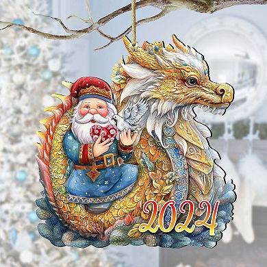 Santa with Dragon Wooden Christmas Ornaments by G. Debrekht - Christmas Decor