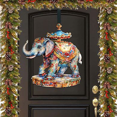 Carousel Elephant Holiday 24-Inch Handcrafted Wooden Door Decor by G. Debrekht - Christmas Decor