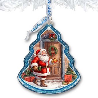 Santa Knocking at the Door Tree Glass Christmas Ornament by G. Debrekht - Christmas Santa Snowman Decor - 762-030