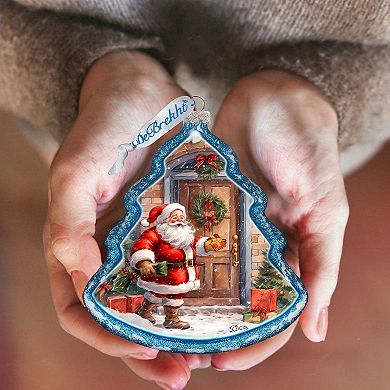 Santa Knocking at the Door Tree Glass Ornament by G. Debrekht - Christmas Santa Snowman Decor - 762-030
