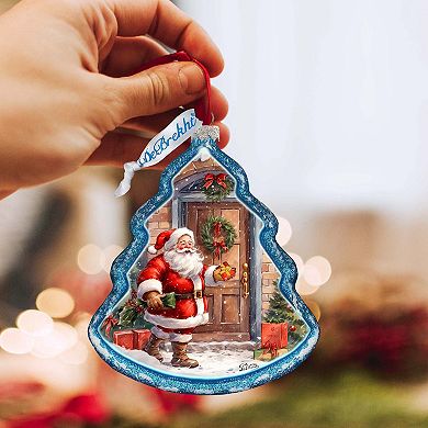 Santa Knocking at the Door Tree Glass Ornament by G. Debrekht - Christmas Santa Snowman Decor - 762-030
