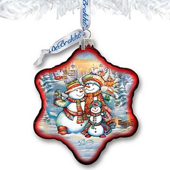 Cheerful Snowmen Snowflake Glass Christmas Ornament by G. Debrekht - Christmas Santa Snowman Decor - 754-046