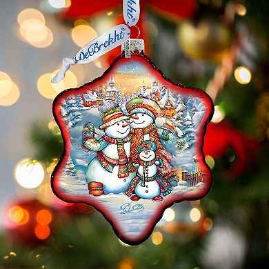 Cheerful Snowmen Snowflake Glass Ornament by G. Debrekht - Christmas Santa Snowman Decor - 754-046