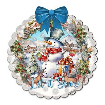 Let It Snow 19" Wooden Door Sign by G. DeBrekht Handcrafted Santa Snowman Decor
