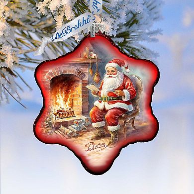 Santa at the Fireplace Snowflake Glass Ornament by G. Debrekht - Christmas Santa Snowman Decor - 754-047