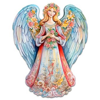 Blue Floral Angel Holiday 24-Inch Handcrafted Wooden Door Decor by G. Debrekht - Christmas Decor