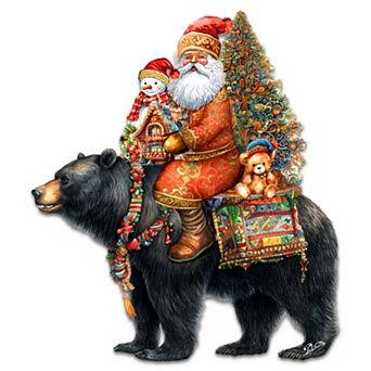 Santa Claus and Black Bear 24-Inch Handcrafted Wooden Door Decor by G.DeBrekht Festive Holiday Decor