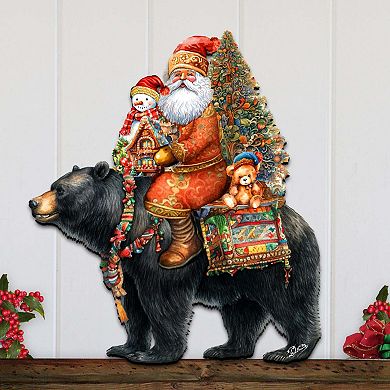 Santa Claus and Black Bear 24-Inch Handcrafted Wooden Door Decor by G.DeBrekht Festive Holiday Decor