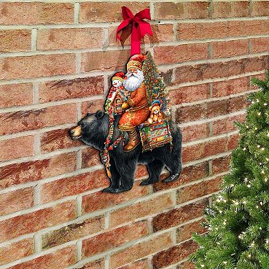 Santa Claus and Black Bear 24-Inch Handcrafted Wooden Door Decor by G.DeBrekht Festive Holiday Decor