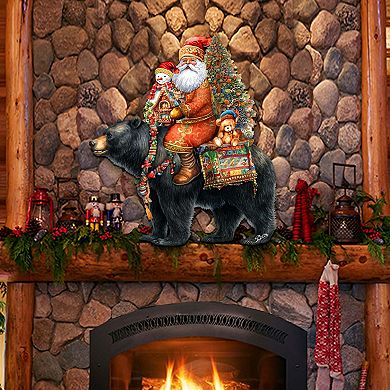 Santa Claus and Black Bear 24-Inch Handcrafted Wooden Door Decor by G.DeBrekht Festive Holiday Decor