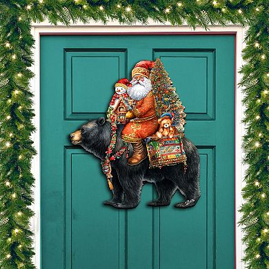 Santa Claus and Black Bear 24-Inch Handcrafted Wooden Door Decor by G.DeBrekht Festive Holiday Decor