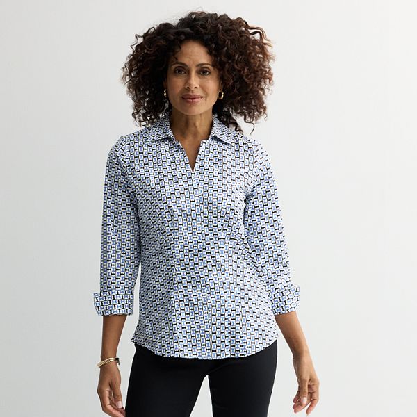 Women's Croft & Barrow® Tailored Button-Down Shirt - Blue Square Hearts (X SMALL)