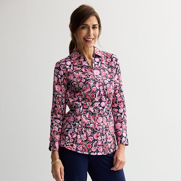 Women's Croft & Barrow® Tailored Button-Down Shirt - Navy Red Floral Vine (X SMALL)