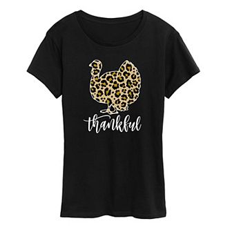 Juniors' Thankful Leopard Print Turkey Graphic Tee