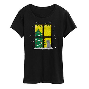 Women's Happy Christmas Cat In The Window Graphic Tee
