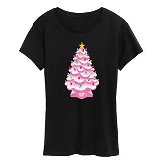 Women's Retro Pink Ceramic Christmas Tree Graphic Tee