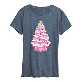 Women's Retro Pink Ceramic Christmas Tree Graphic Tee