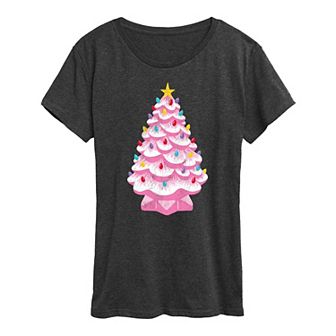 Women's Retro Pink Ceramic Christmas Tree Graphic Tee