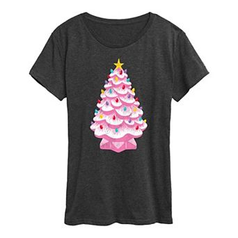 Women's Retro Pink Ceramic Christmas Tree Graphic Tee