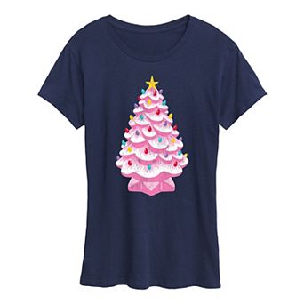Women's Retro Pink Ceramic Christmas Tree Graphic Tee