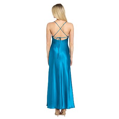 Juniors' Morgan and Co Satin Spaghetti Strap Drape Front Evening Gown