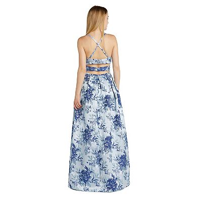 Juniors Morgan And Co Long Brocade Box Pleat Gown With Cut Out Back