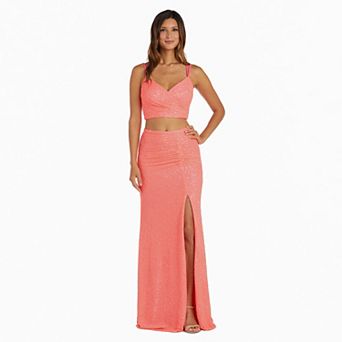 Juniors' Morgan And Co Mock Wrap Top With Long Skirt 2 pc Set