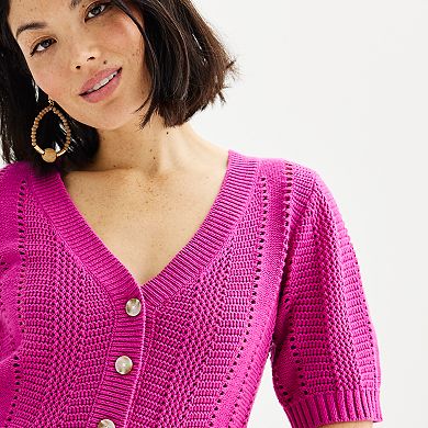 Women's Sonoma Goods For Life Short Sleeve Crochet V-Neck Cardigan