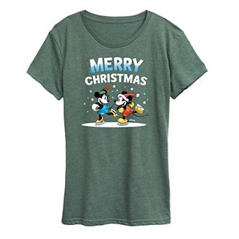 Disney's Mickey Mouse And Minnie Mouse Women's Christmas Ice Skating Graphic Tee.