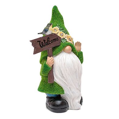 Melrose Gnome with Bird on Sign Garden Statue
