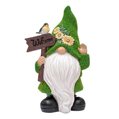 Melrose Gnome with Bird on Sign Garden Statue