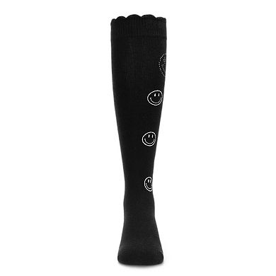 Little Kids Jeweled Smiley Face Cotton Blend Knee High Socks