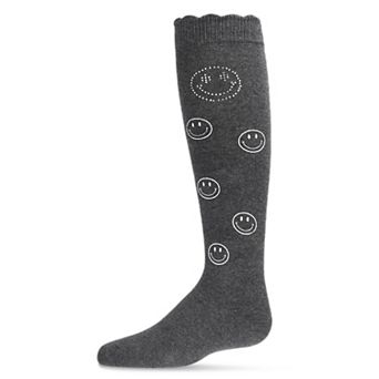 Little Kids Jeweled Smiley Face Cotton Blend Knee High Socks
