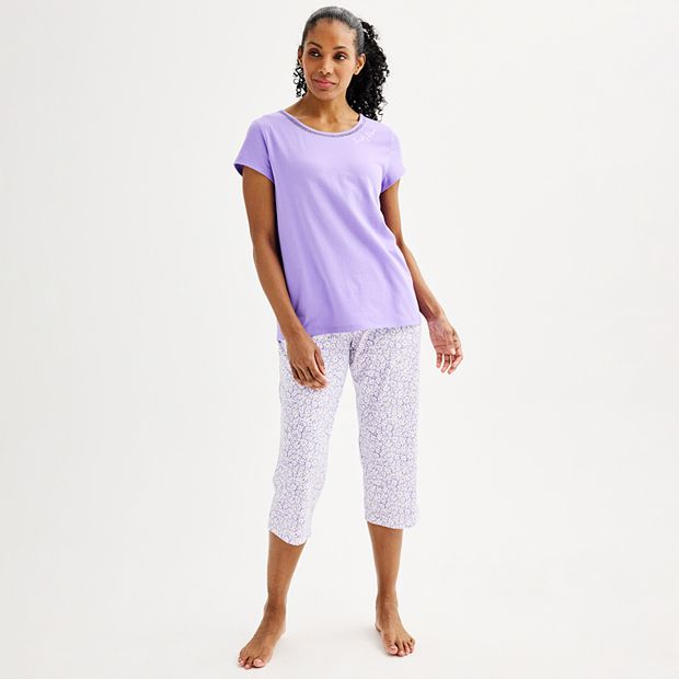 IZZY TOBY Women's Cotton Pajama Set - Soft Short Sleeve & Capri Pants, Print Purple, X-Large | Comfy Sleepwear & Loungewear