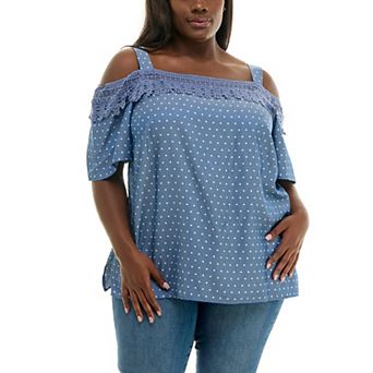 Plus Size Nina Leonard Cold Shoulder Crochet Top