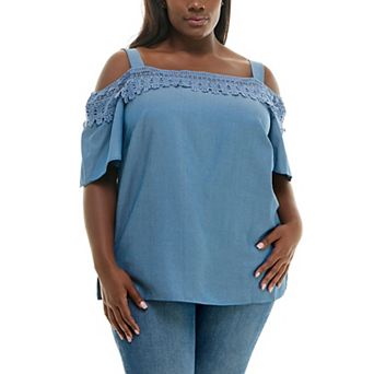 Plus Size Nina Leonard Cold Shoulder Crochet Top