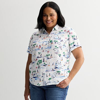 売れ筋商品|||ダナ キャラン ニューヨーク カットソー トップス レディース Plus Size Printed Short-Sleeve Camp Shirt Pebble / Light Lemon Multi 6603744_White_Shore?wid=400&