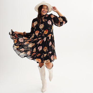Plus Size Maison Tara Printed Long Sleeve Mockneck Drop-Waist Dress