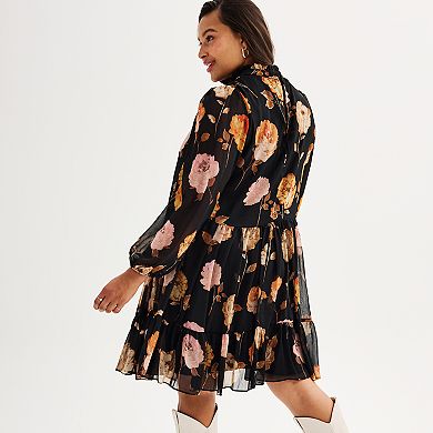 Plus Size Maison Tara Printed Long Sleeve Mockneck Drop-Waist Dress