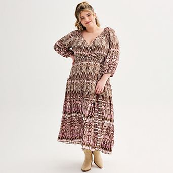 Plus Size Maison Tara Flowy Geometric Print Faux Wrap Midi Dress