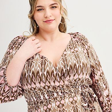 Plus Size Maison Tara Flowy Geometric Print Faux Wrap Midi Dress