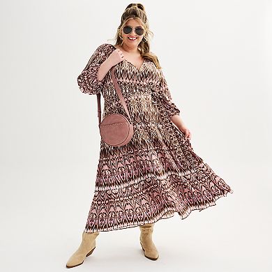 Plus Size Maison Tara Flowy Geometric Print Faux Wrap Midi Dress