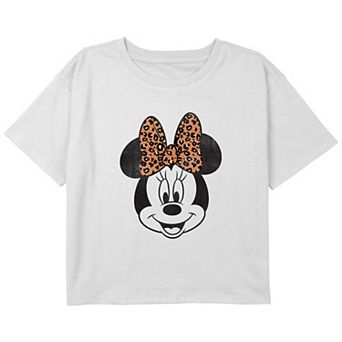 Girls Minnie Mouse Leopard Print Bow Portrait Boxy Cropped Graphic Tee