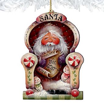 Santa Checking His List Wooden Christmas Ornaments by J. Mills-Price - Christmas Santa Snowman Decor