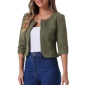 Women's Jean Jacket Collarless 3/4 Sleeve Denim Jackets