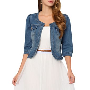 Women's Jean Jacket Collarless 3/4 Sleeve Denim Jackets