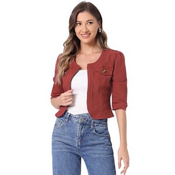 Women's Jean Jacket Collarless 3/4 Sleeve Denim Jackets